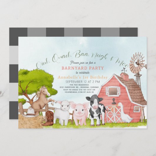 ファーム納屋周囲の庭ロデオウォーターカラー1st誕生日 招待状 (正面/裏面)