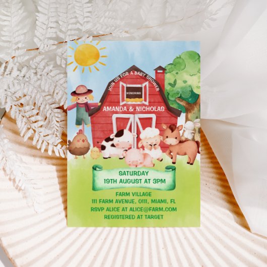ファーム納屋周囲の庭動物かわいい赤ちゃんシャワー 招待状