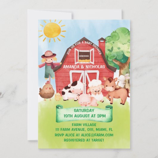 ファーム納屋周囲の庭動物かわいい赤ちゃんシャワー 招待状 (正面)