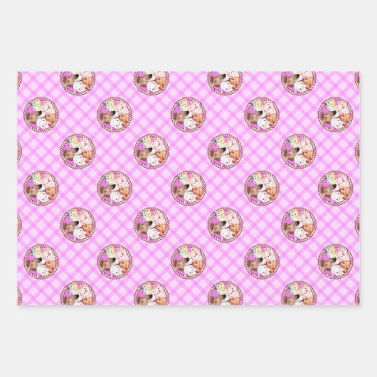 ファーム納屋周囲の庭動物ジンガムピンク ラッピングペーパーシート (正面2)