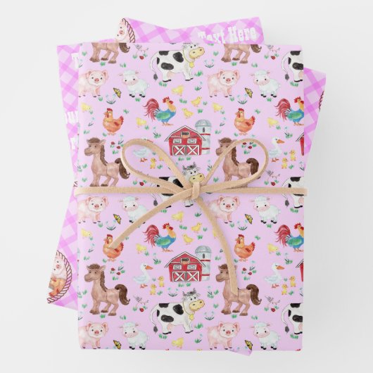 ファーム納屋周囲の庭動物ジンガムピンク ラッピングペーパーシート (インサイチュ)