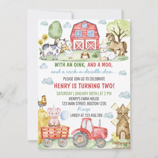 ファーム納屋周囲の庭動物子供の誕生日招待状 招待状 (正面)