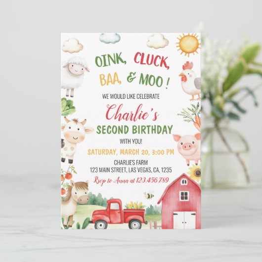 ファーム納屋周囲の庭動物子供の誕生日 招待状 (スタンド正面)