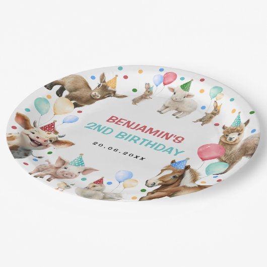 ファーム納屋周囲の庭動物紙吹雪誕生日ボーイ ペーパープレート (アングル)