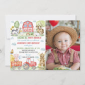 ファーム納屋周囲の庭動物誕生日写真招待状 サンキューカード (正面)