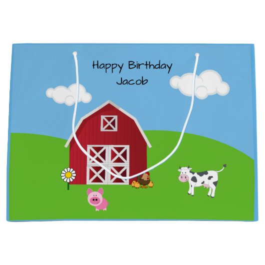 ファーム納屋周囲の庭動物誕生日 ラージペーパーバッグ (正面)