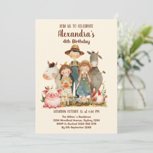 ファーム納屋周囲の庭動物誕生日 招待状 (スタンド正面)