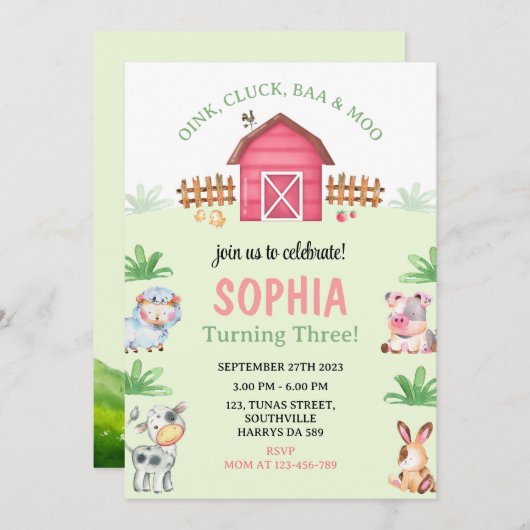 ファーム納屋周囲の庭動物誕生日 招待状 (正面/裏面)