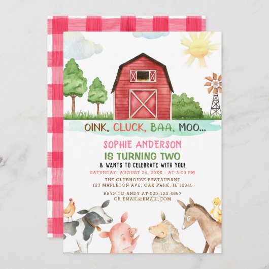 ファーム納屋周囲の庭動物2nd誕生日 招待状 (正面/裏面)