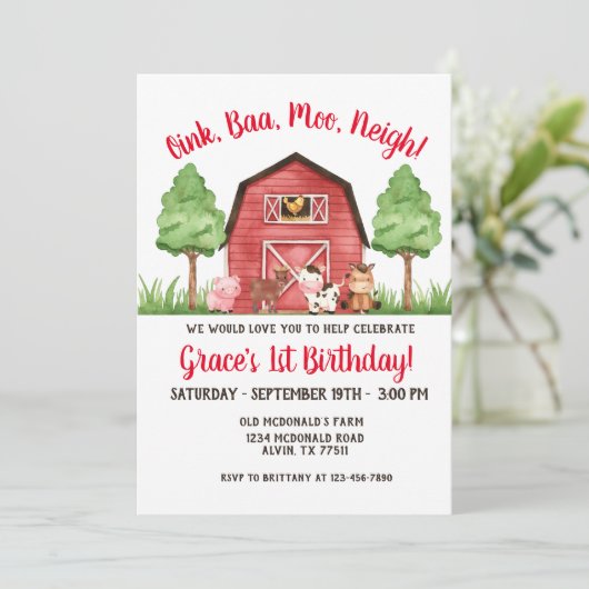 ファーム納屋周囲の庭第1誕生日招待状 招待状 (スタンド正面)