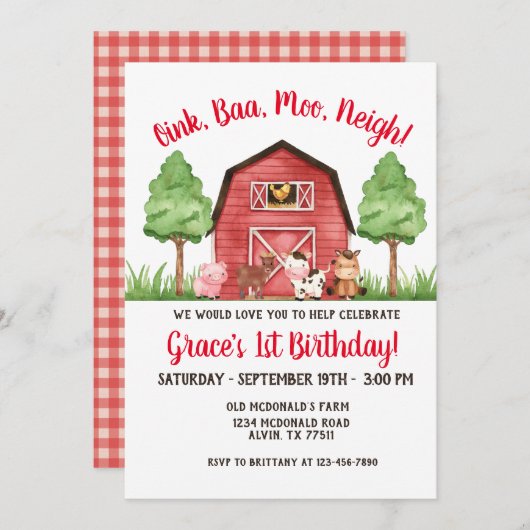 ファーム納屋周囲の庭第1誕生日招待状 招待状 (正面/裏面)