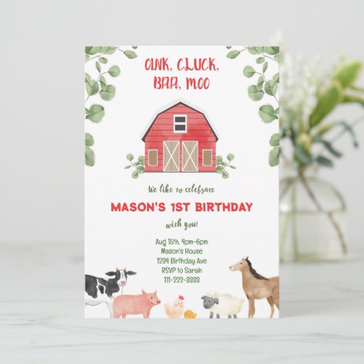 ファーム納屋周囲の庭誕生日パーティーの招待 招待状 (スタンド正面)
