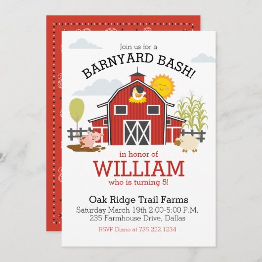 ファーム納屋周囲の庭誕生日パーティーの招待 案内状 (正面/裏面)