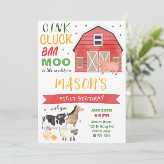 ファーム納屋周囲の庭誕生日招待状 招待状 (スタンド正面)