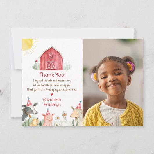 ファーム納屋周囲の庭誕生日赤チェック写真 サンキューカード (正面)