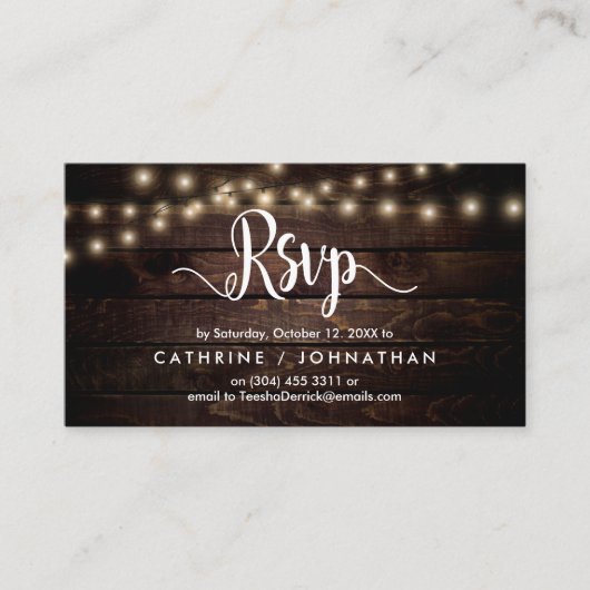 ファーム素朴ウッド、ストリングライト、RSVP応答 エンクロージャーカード (正面)
