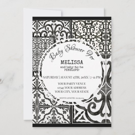 ファーム素朴タイル白黒モダンベビーシャワー 招待状 (正面)