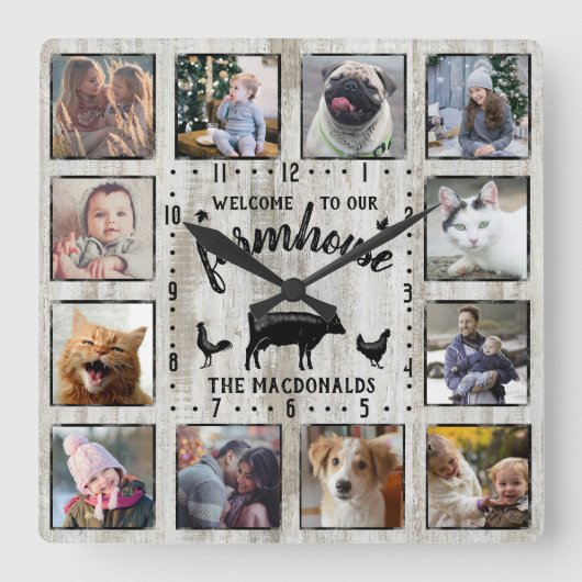 ファーム素朴ハウスウッドコウ12ファミリーフォトコラージュ スクエア壁時計 (正面)