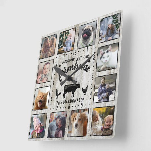 ファーム素朴ハウスウッドコウ12ファミリーフォトコラージュ スクエア壁時計 (傾斜)