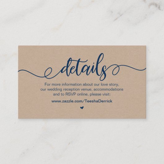 ファーム素朴、ネイビーブルー、クラフト、結婚の詳細 エンクロージャーカード (正面)