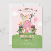 ファーム誕生日ピンクオールドマクドナルド納屋周囲の庭パーティー 招待状 (正面)