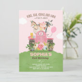 ファーム誕生日ピンクオールドマクドナルド納屋周囲の庭パーティー 招待状 (スタンド正面)