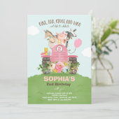 ファーム誕生日ピンクオールドマクドナルド納屋周囲の庭パーティー 招待状 (スタンド正面)