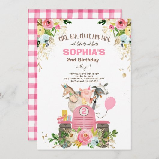 ファーム誕生日ピンクオールドマクドナルド納屋周囲の庭パーティー 招待状 (正面/裏面)