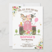 ファーム誕生日ピンクオールドマクドナルド納屋周囲の庭パーティー 招待状 (正面)