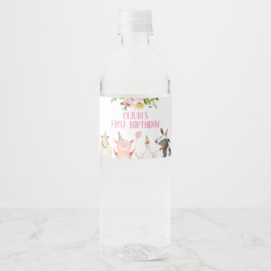 ファーム誕生日ピンク納屋周囲の庭動物ガールデコール ペットボトルラベル (正面)