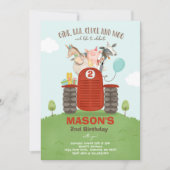 ファーム誕生日ボーイオールドマクドナルド納屋周囲の庭パーティー 招待状 (正面)