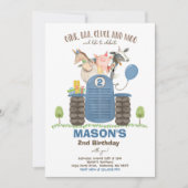 ファーム誕生日ボーイオールドマクドナルド納屋周囲の庭パーティー 招待状 (正面)