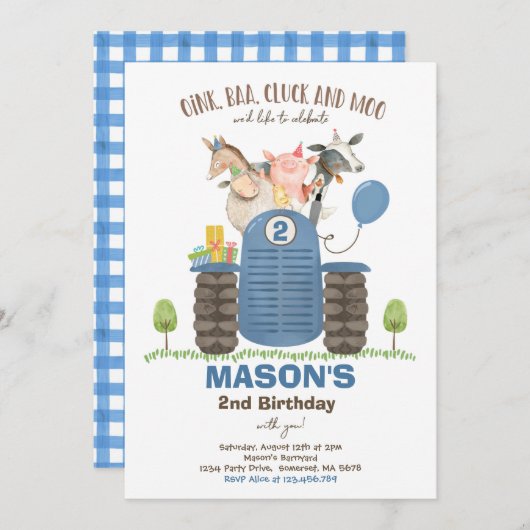 ファーム誕生日ボーイオールドマクドナルド納屋周囲の庭パーティー 招待状 (正面/裏面)
