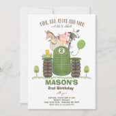 ファーム誕生日ボーイオールドマクドナルド納屋周囲の庭パーティー 招待状 (正面)