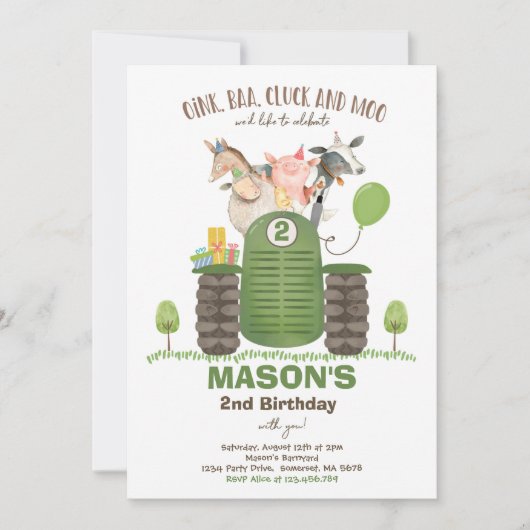 ファーム誕生日ボーイオールドマクドナルド納屋周囲の庭パーティー 招待状 (正面)