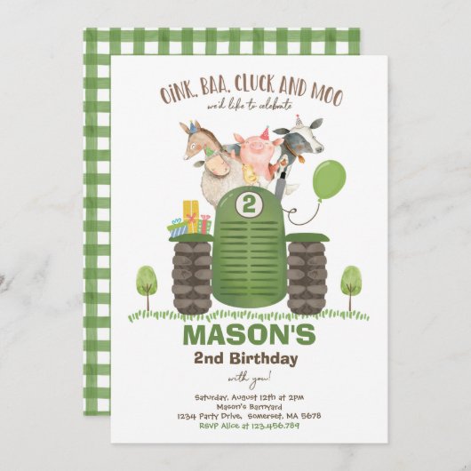 ファーム誕生日ボーイオールドマクドナルド納屋周囲の庭パーティー 招待状 (正面/裏面)
