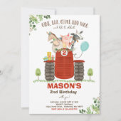 ファーム誕生日ボーイオールドマクドナルド納屋周囲の庭パーティー 招待状 (正面)