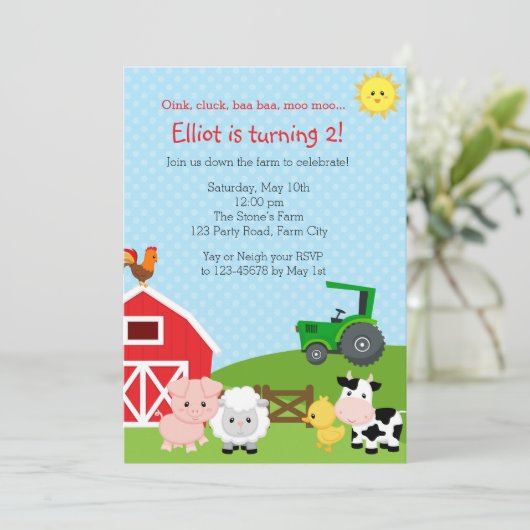 ファーム誕生日招待状とグリーントラクター（納屋） 招待状 (スタンド正面)