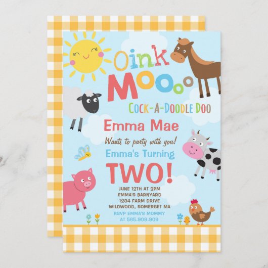 ファーム誕生日招待状オールドマクドナルドファームパーティー 招待状 (正面/裏面)