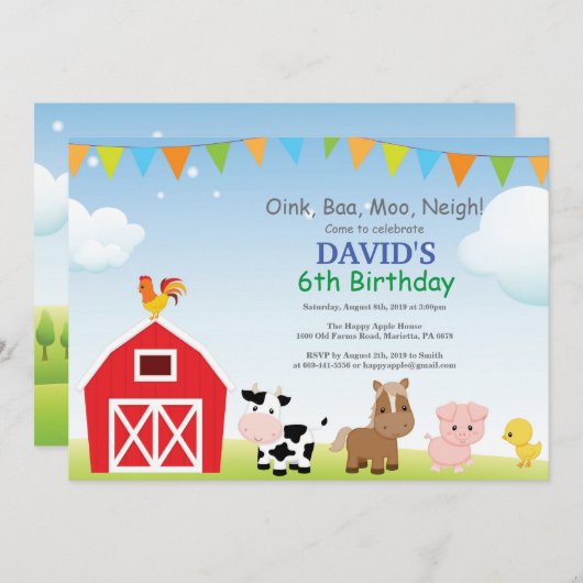 ファーム誕生日招待状カントリー納屋周囲の庭パーティー 招待状 (正面/裏面)