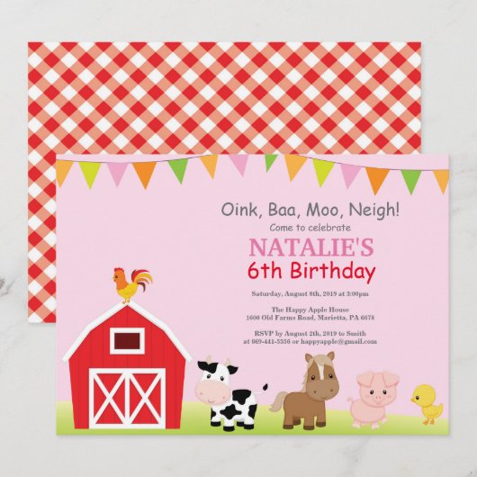 ファーム誕生日招待状カントリー納屋周囲の庭パーティー 招待状 (正面/裏面)