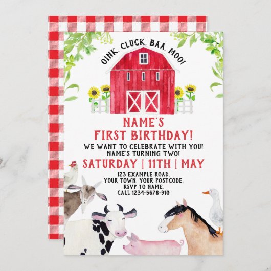 ファーム誕生日招待状ボーイバーンアニマルズ 招待状 (正面/裏面)