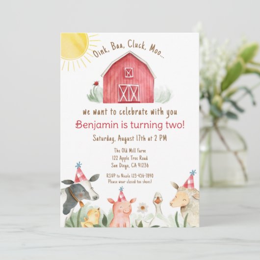 ファーム誕生日招待状男の子または女の子の赤チェック 招待状 (スタンド正面)
