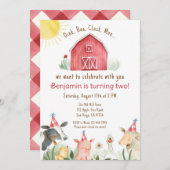 ファーム誕生日招待状男の子または女の子の赤チェック 招待状 (正面/裏面)