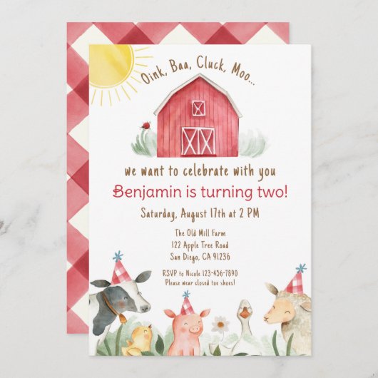 ファーム誕生日招待状男の子または女の子の赤チェック 招待状 (正面/裏面)
