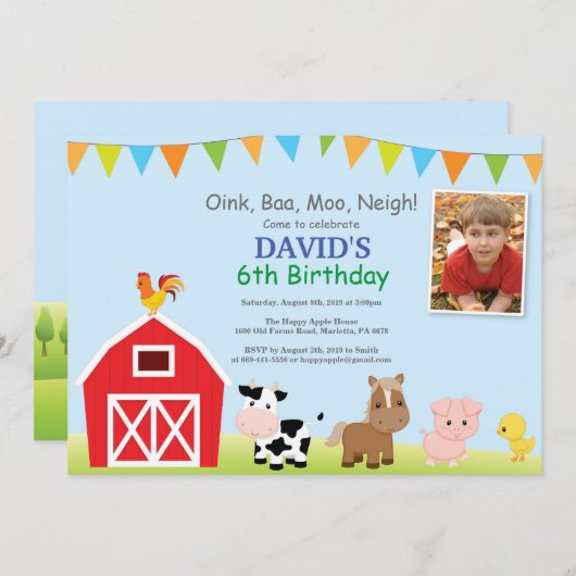 ファーム誕生日招待状納屋周囲の庭パーティー 招待状 (正面/裏面)