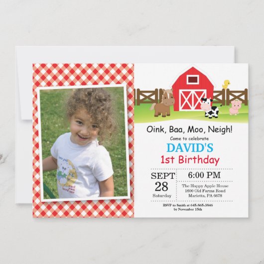 ファーム誕生日招待状納屋周囲の庭パーティー 招待状 (正面)