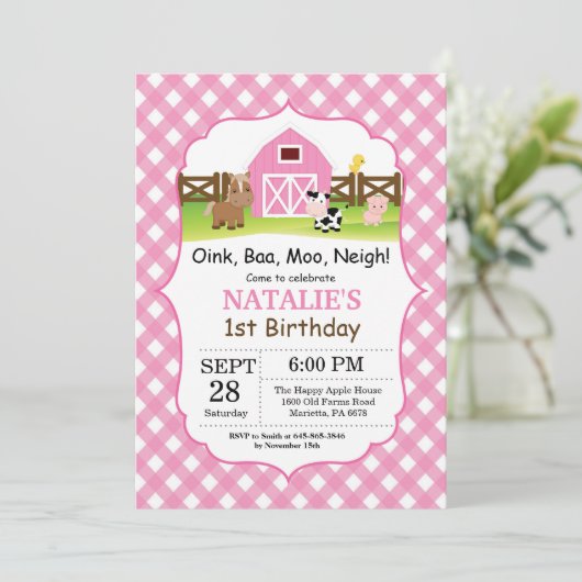 ファーム誕生日招待状納屋周囲の庭パーティー 招待状 (スタンド正面)