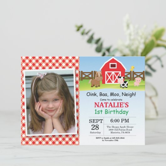 ファーム誕生日招待状納屋周囲の庭パーティー 招待状 (スタンド正面)