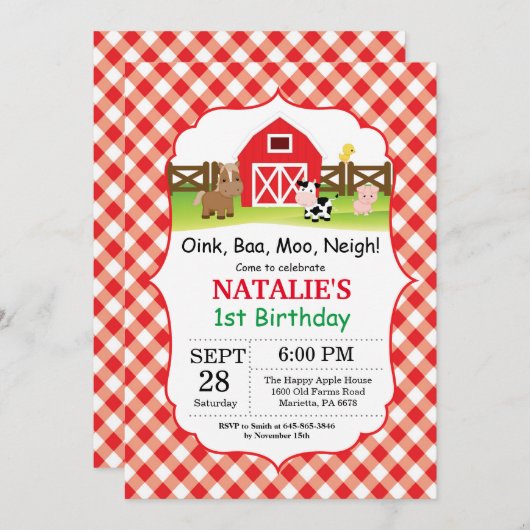 ファーム誕生日招待状納屋周囲の庭パーティー 招待状 (正面/裏面)